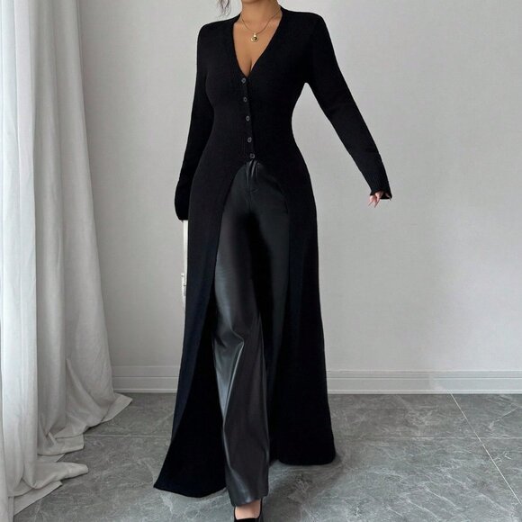 Black Elegant Casual Women's Long Length Slim Fit Knit Cardigan - Picture 6 of 7